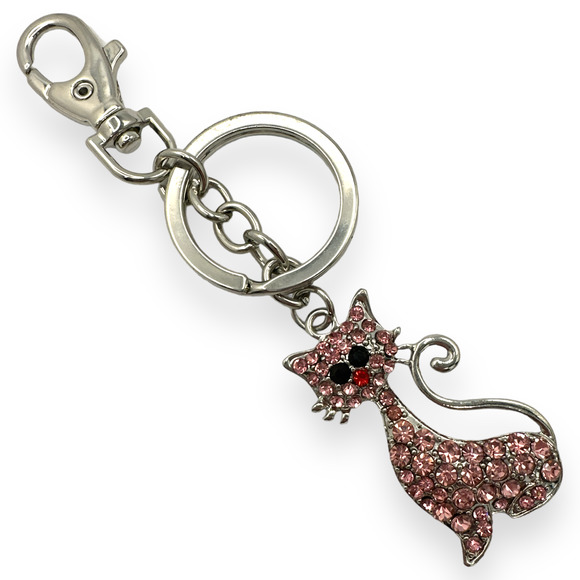 Kitty Cat Keychain w/ Rhinestone Crystals, Split Key Ring & Clip, w/ Gift Bag - Picture 4 of 4